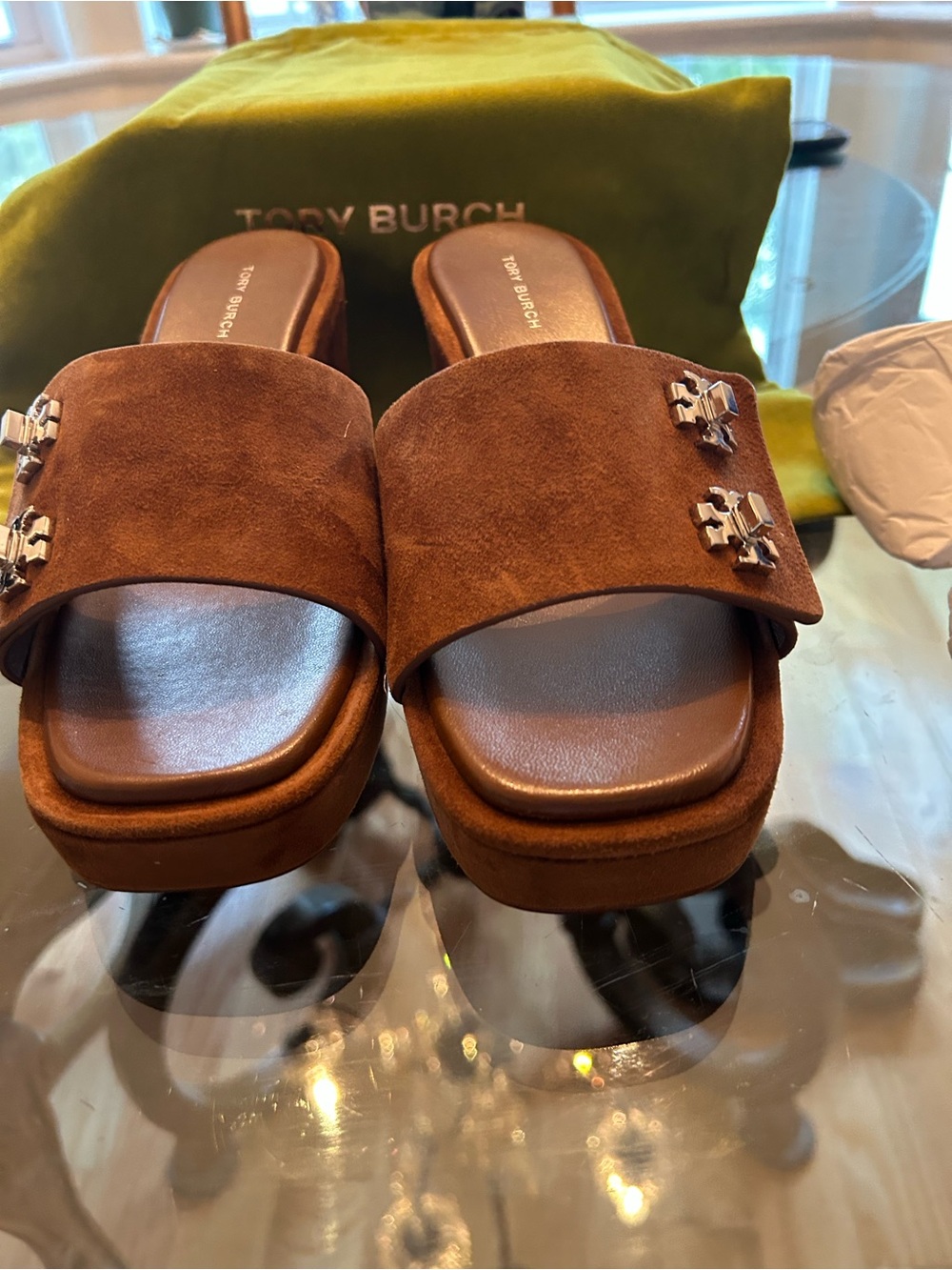 Tory Burch Cognac Turnlock Wedge Slide Sandal with Bag & Box Size 7 NWT - Picture 6 of 6